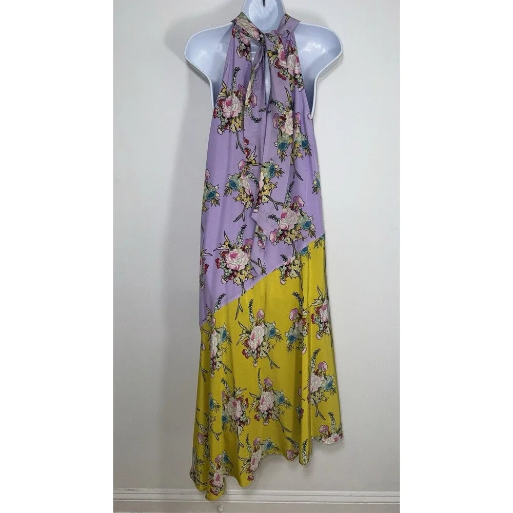 Anthropologie Purple Yellow Floral Silk Halter Asymmetrical Dress Women XL / 2XL - Picture 4 of 7